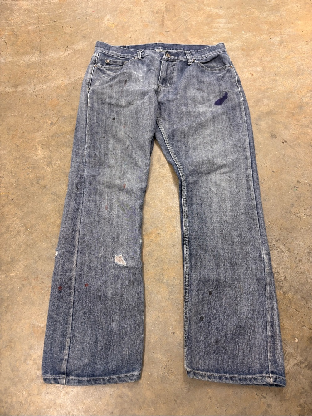 Flypaper Men’s Y2K Flared Blue Jeans Size 34x32 Distressed Paint Splatter